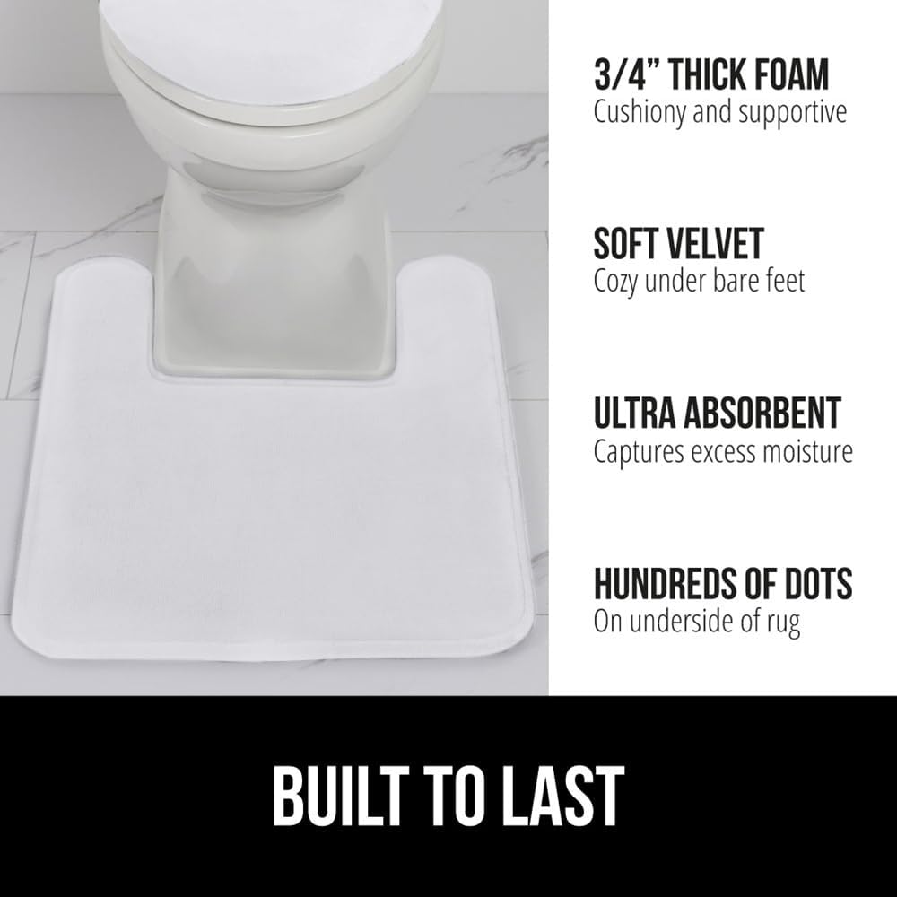 GORILLA GRIP Thick Memory Foam Toilet Rug for Bathroom, Square Shaped Washable, Soft Absorbent Velvet Topside Floor Mats, Machine Wash, Cushioned Luxury Rugs for Bath Room, 22.5x19.5, White