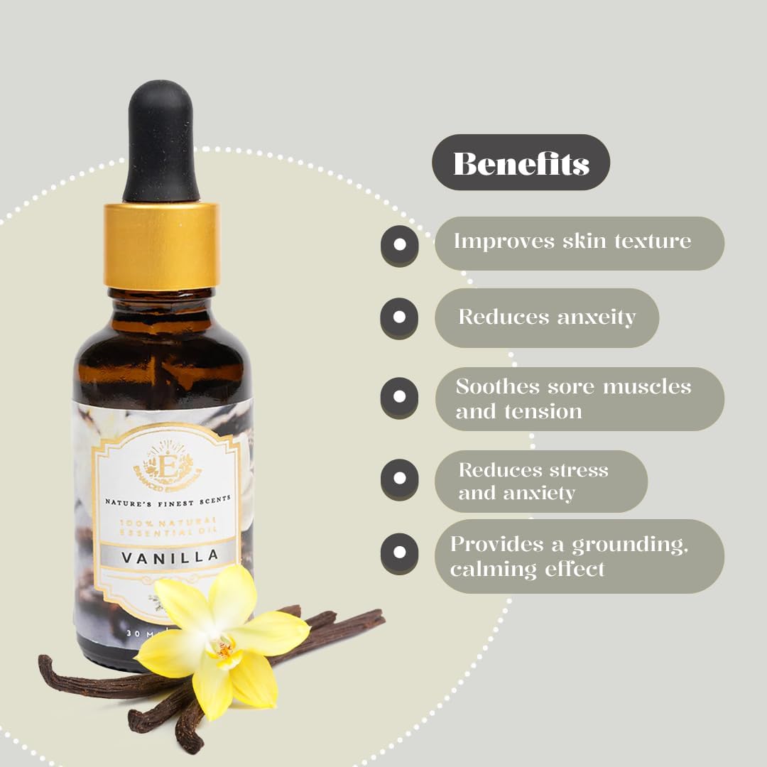 Luxurious Vanilla Essential Oil by Enhanced Essentials|with Glass Dropper|Concentrated Essential Oil for Diffusers,Skin Care,Aromatherapy,Bath,Massage,Perfume,Soap & Candle Making| 1 fl oz (30 ml)