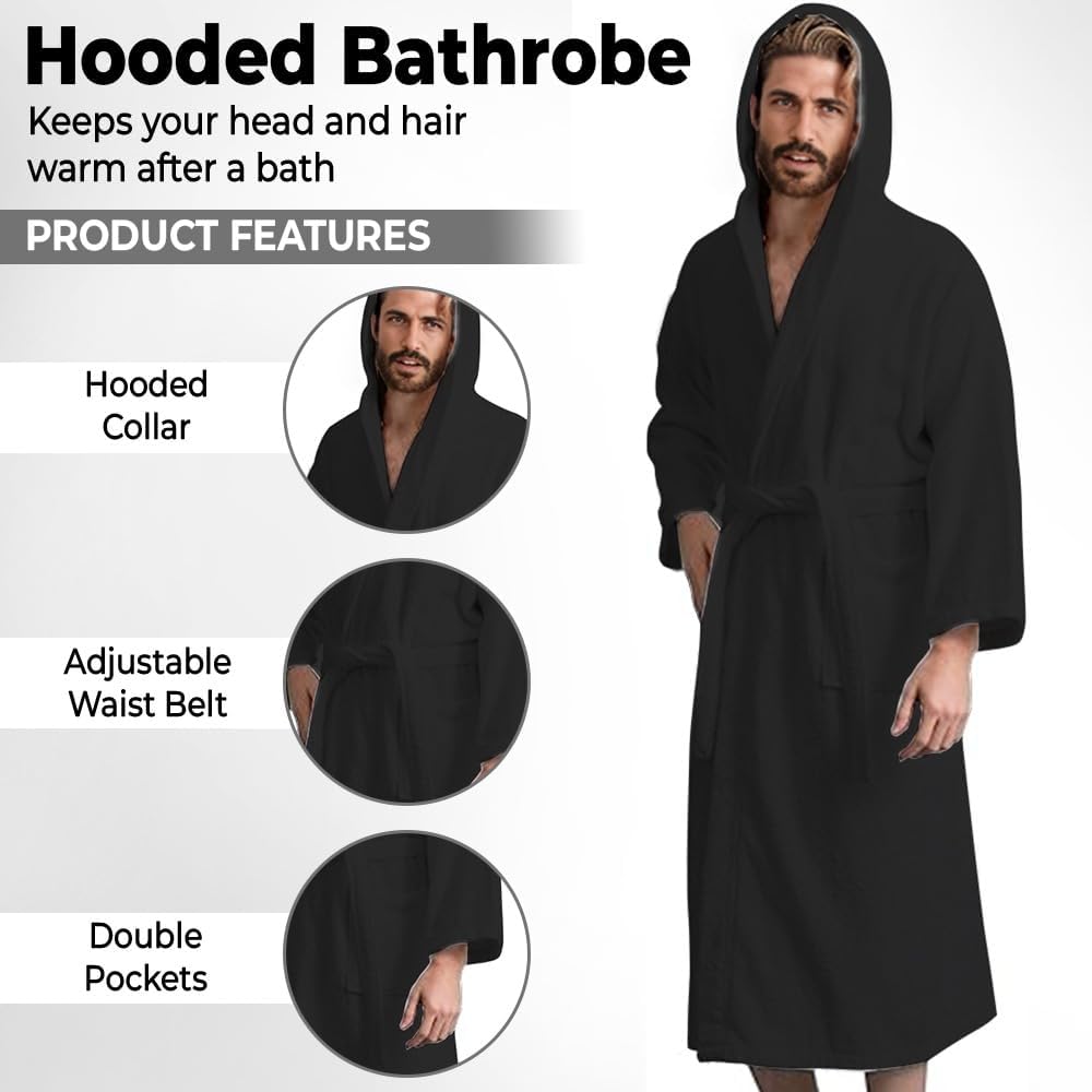 Men’s Hooded Bathrobe, 100% Cotton Terry Bathrobe, Spa Style Bath Robe, Absorbent Shower Robe, Lightweight Towel Bathrobes
