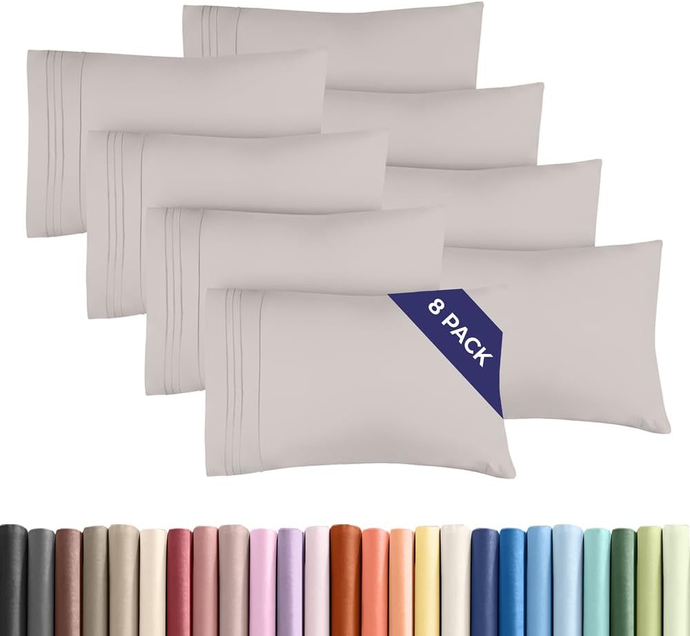 King Pillow Cases Set of 8 - Ultra Soft Hotel Quality Pillowcase Covers - Comfy. Cozy & Wrinkle Free - Shrink, Stain and Fade Resistant - Machine Washable Pillow Protectors - 8 Piece Set - Light Grey
