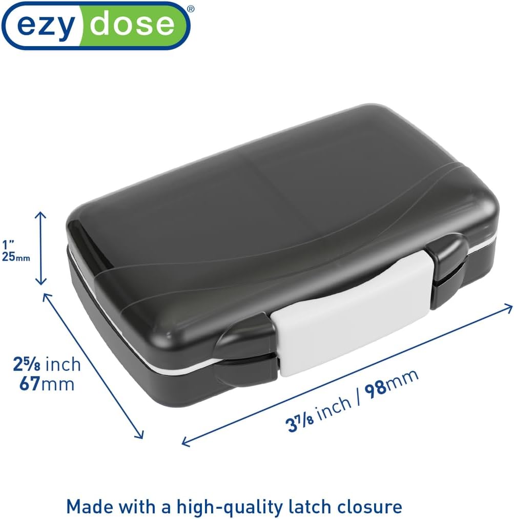 EZY DOSE Moisture-Proof Pill Case, Medicine Planner, Vitamin Organizer Box, Travel-Friendly, Latch-Closure to Secure Contents, 4 Individual Compartments of Multiple Sizes with Tight Seal, Small, Black
