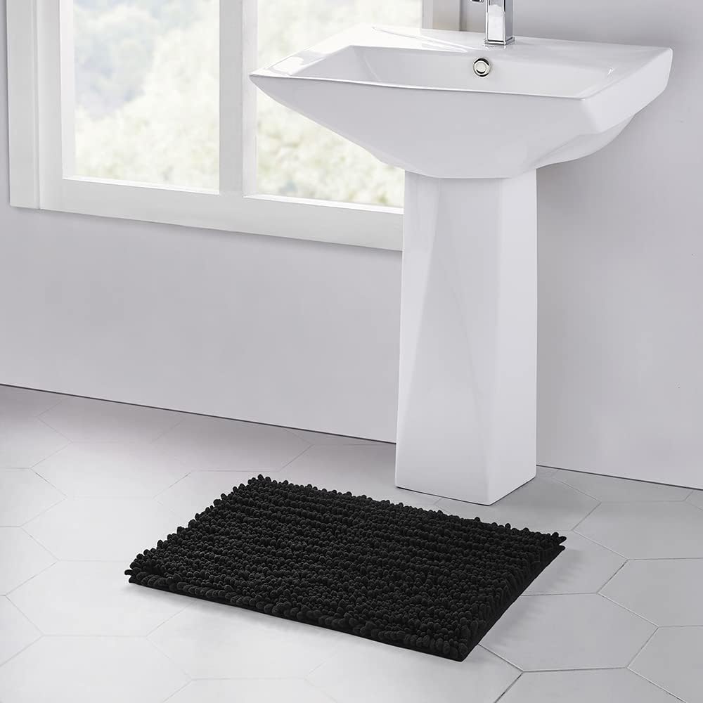 Walensee Bathroom Rug Non Slip Bath Mat (24x17 Inch Black) Water Absorbent Super Soft Shaggy Chenille Machine Washable Dry Extra Thick Perfect Absorbant Best Small Plush Carpet for Shower Floor