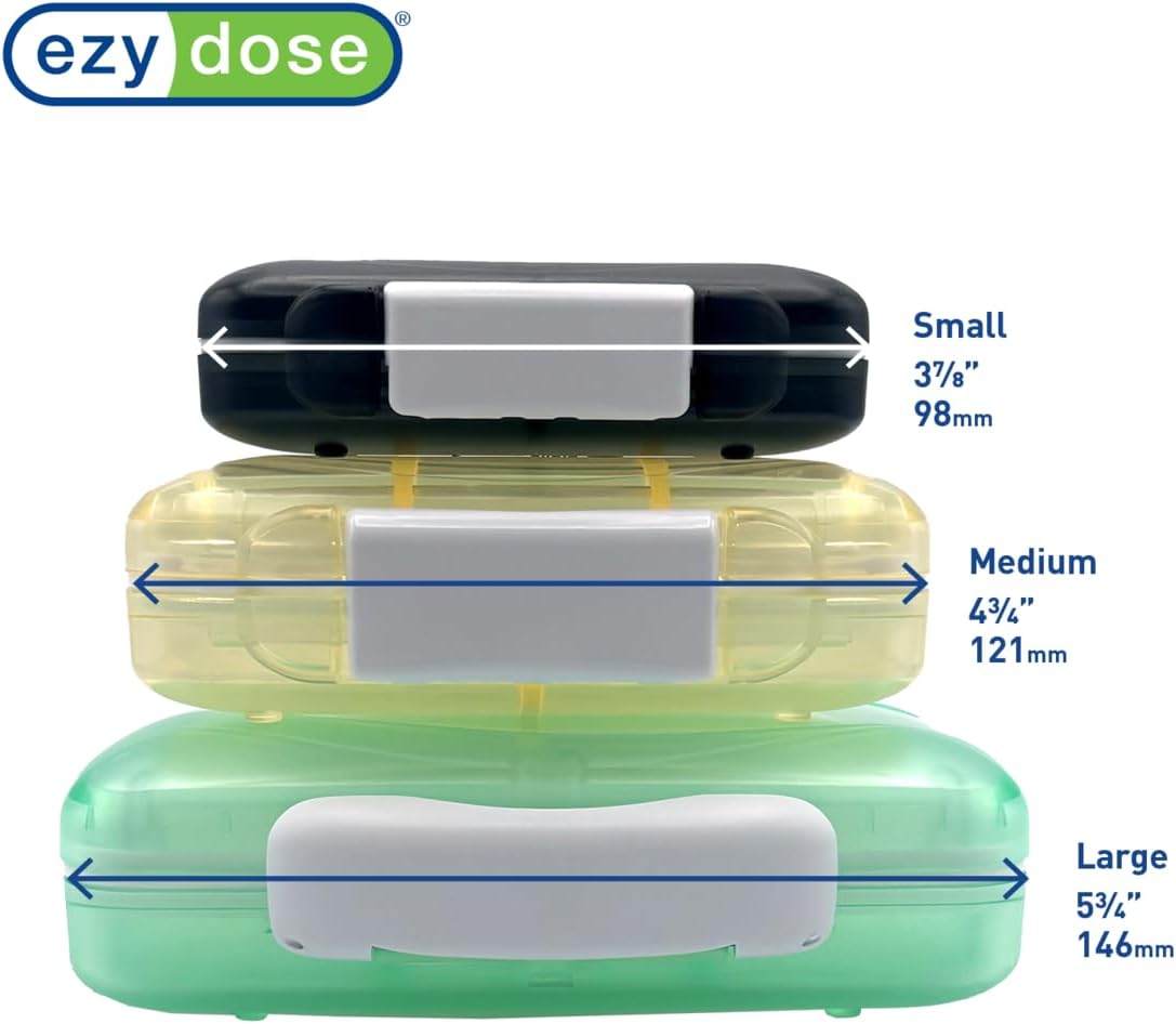EZY DOSE Moisture-Proof Pill Case, Medicine Planner, Vitamin Organizer Box, Travel-Friendly, Latch-Closure to Secure Contents, 4 Individual Compartments of Multiple Sizes with Tight Seal, Small, Green
