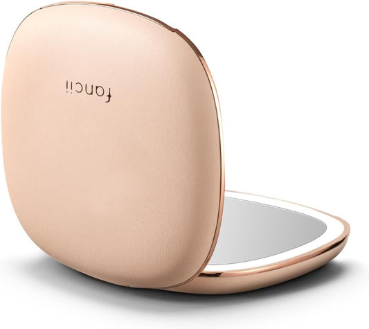 Fancii Mila 2 Compact Makeup Mirror with LED Light, Rechargeable, 10x /1x Magnifying, Tru-Glow Lighting System, Vegan Leather, Small Travel Mirror for Purses (Champagne Cream)