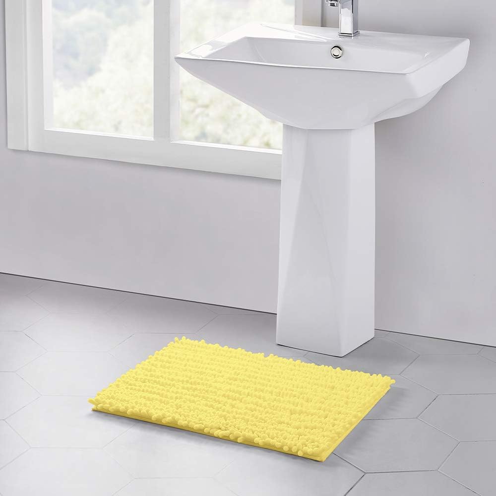 Walensee Bathroom Rug Non Slip Bath Mat (24x17 Inch Yellow) Water Absorbent Super Soft Shaggy Chenille Machine Washable Dry Extra Thick Perfect Absorbant Best Small Plush Carpet for Shower Floor