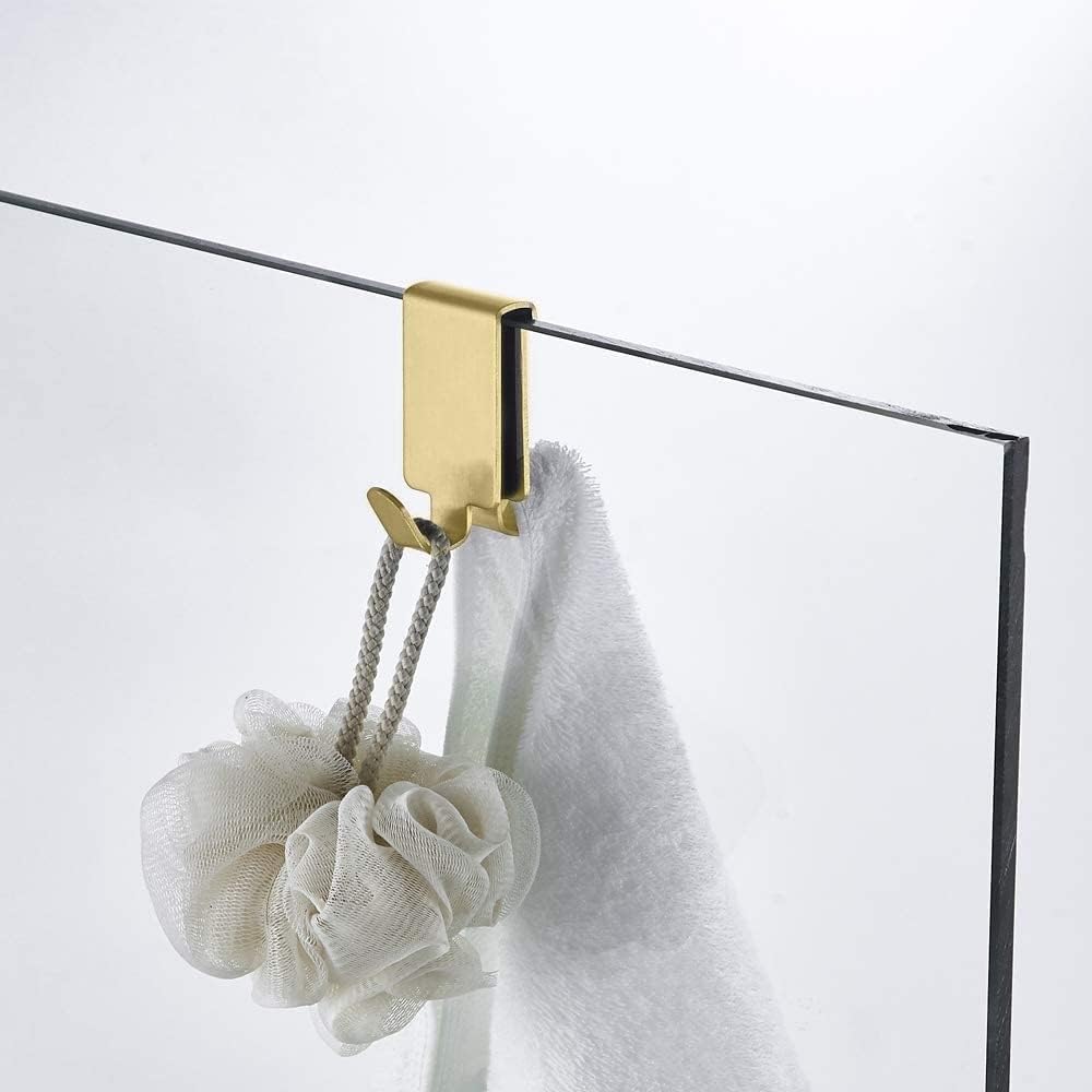 Double Hooks for Glass Shower Door, Towel Hooks Over The Bathroom Glass Wall 0.31-0.39in, Stainless Steel, Gold,2 Pack.