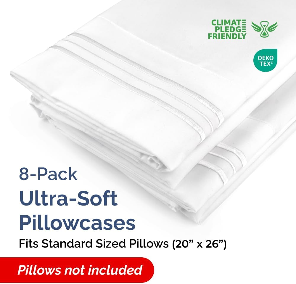 Standard Pillow Cases Set of 8 - Ultra Soft Hotel Quality Pillowcase Covers - Comfy, Cozy & Wrinkle Free - Shrink, Stain and Fade Resistant - Machine Washable Pillow Protectors - 8 Piece Set - White