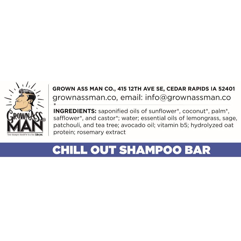 Grown Ass Man Co. - Solid Shampoo Bar Rich Lather 3 in 1: Hair, Beard & Body Wash - Plastic Free & Eco-Friendly, Natural & Organic Clean for All Hair Types, 4oz Bar (Chill Out, 6-Pack)