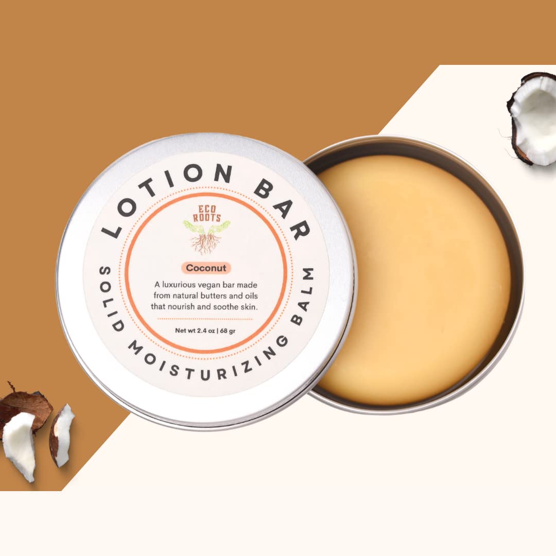ECO ROOTS Eco Lotion Bar for Dry Skin – Natural Solid Moisturizer with Candelilla Wax & Coconut Scent, Travel-Friendly, Zero Waste, Long-Lasting Hydration
