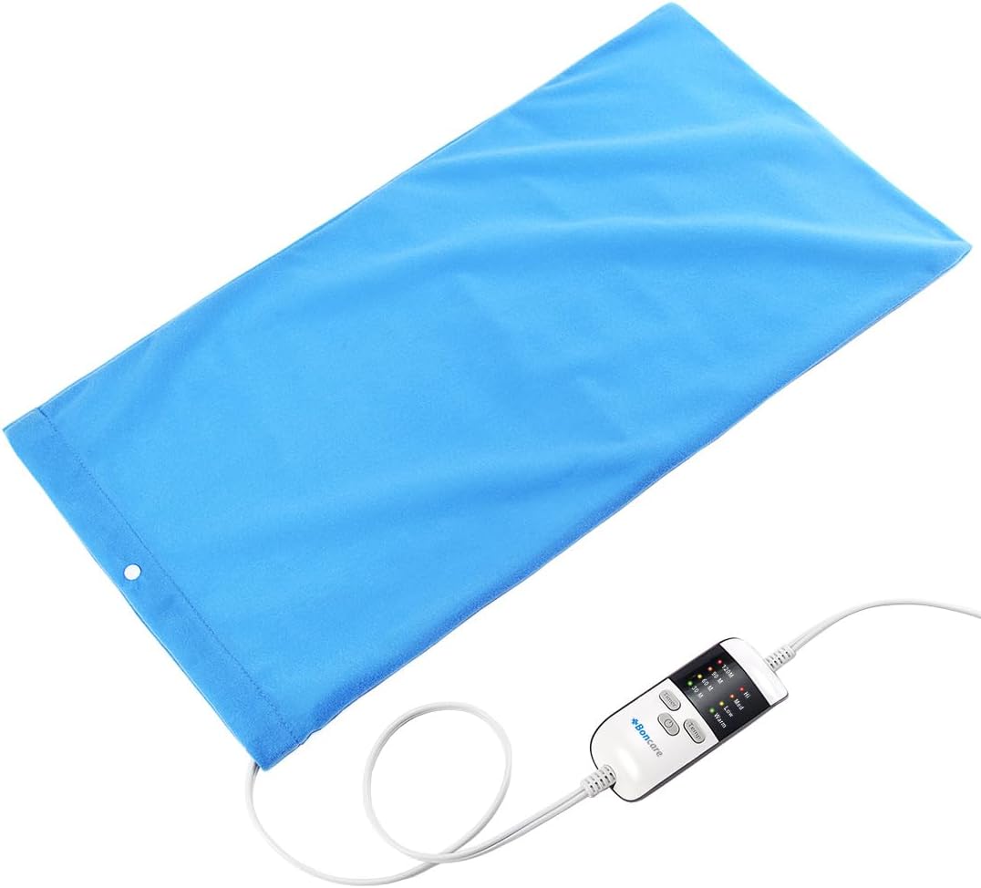 Boncare® Vinyl Large Heating Pad 3 Timers and Stay on for Back Pain Relief and Cramps, 4 Temperature Settings Hot Electric Heat Pad with Washable Cover Blue (12"x 24")