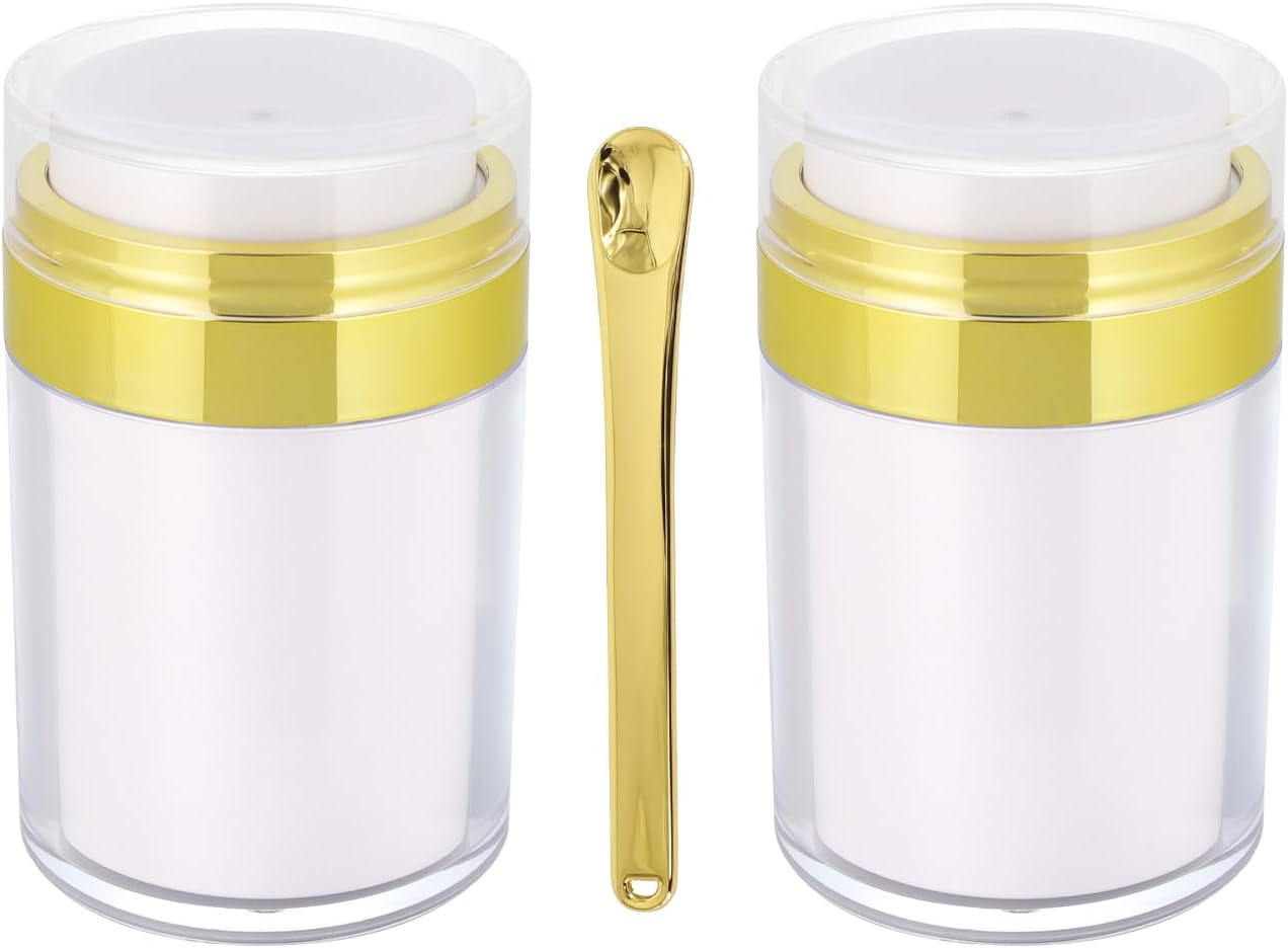 2Pack Airless Pump Jars with Cosmetic Spatula, 3.5 oz Empty Refillable Cosmetic Air Pump Jars Bottles Airless Lotion Cream Dispenser Portable Travel Makeup Containers (Gold)
