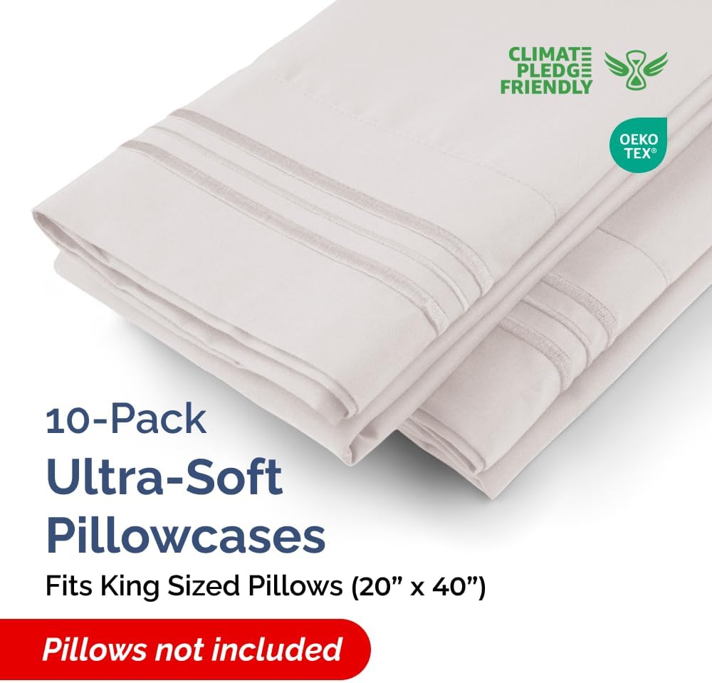 King Pillow Cases Set of 10 - Ultra Soft Hotel Quality Pillowcase Covers - Comfy. Cozy & Wrinkle Free - Shrink, Stain and Fade Resistant - Machine Washable Pillow Protectors - 10 Pcs Set - Light Grey