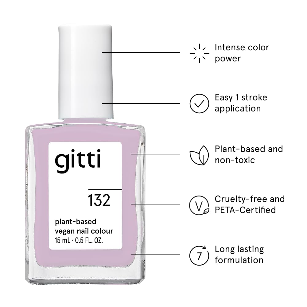 gitti Plant-based Nail Polish I Non-Toxic, 30-Free, Based On Natural Origin Ingredients, Cruelty-Free, Vegan, High Performance Colors, Glossy Finish, Shade no. 132 Lavender (0.5 fl oz)