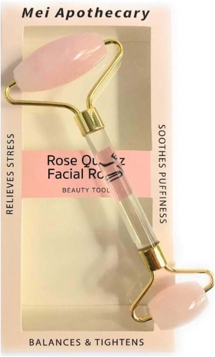 Mei Apothecary Rose Quartz Facial Roller, Authentic Face Roller for Puffiness, Depuffing Eye Roller & Face Massage Tool