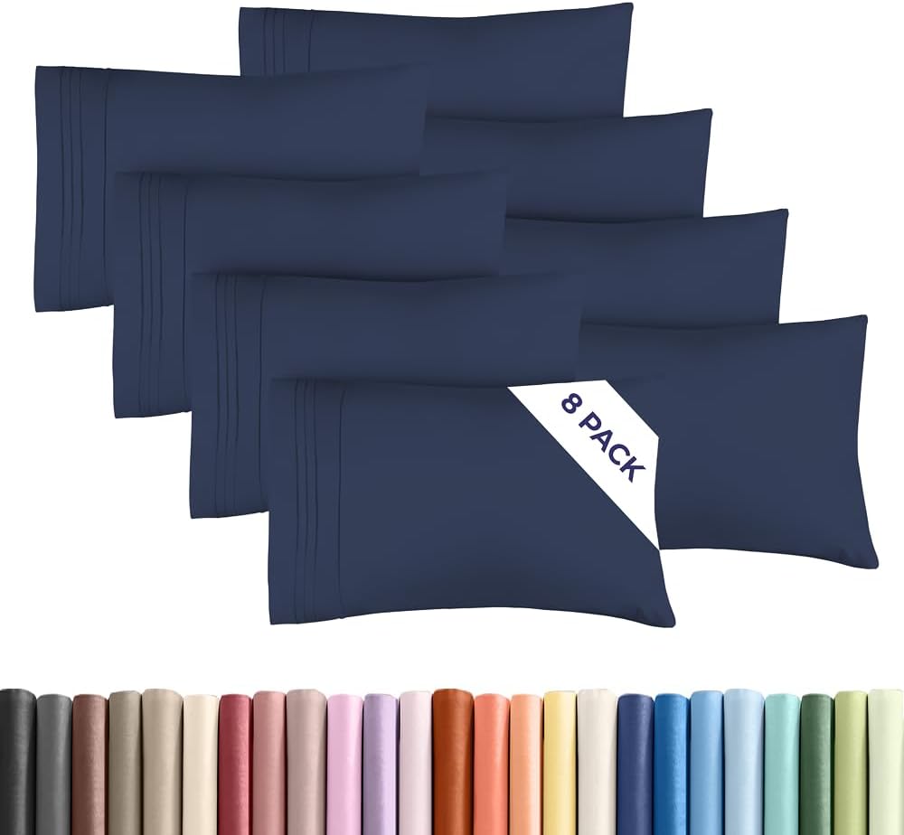 King Pillow Cases Set of 8 - Ultra Soft Hotel Quality Pillowcase Covers - Comfy. Cozy & Wrinkle Free - Shrink, Stain and Fade Resistant - Machine Washable Pillow Protectors - 8 Piece Set - Navy Blue