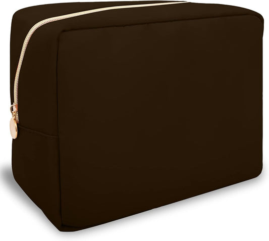 Nylon Large Makeup Bag Travel Pouch for Women, Preppy Big Makeup Bag Cute Cosmetic Zipper Pouch Purse, DIY Chenille Letter Bag Waterproof Toiletry Bag Clutch Make Up Organizer for Women Girls(Brown)