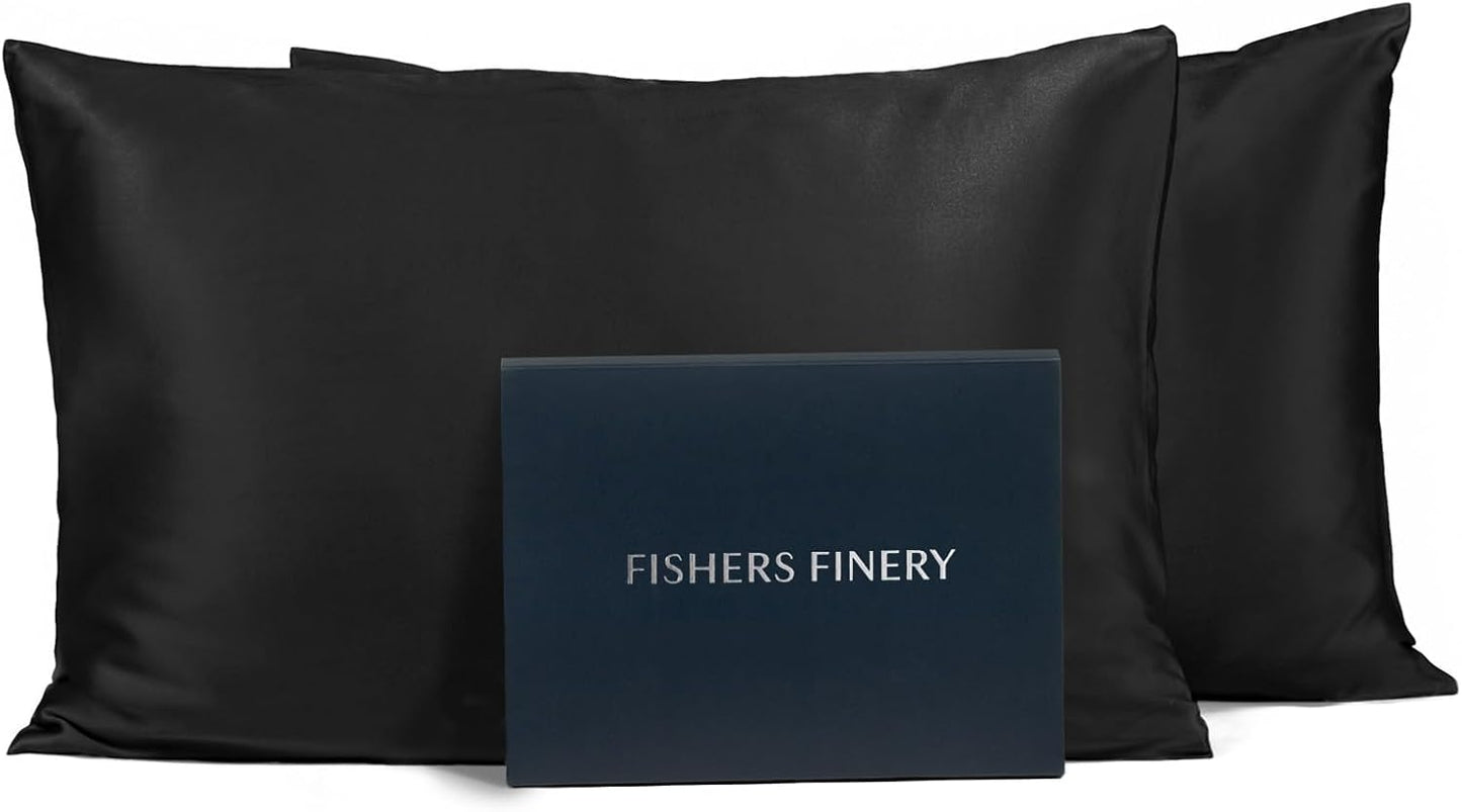 Fishers Finery 25mm 100% Pure Mulberry Silk Pillowcase (Black Queen 2 Pack)