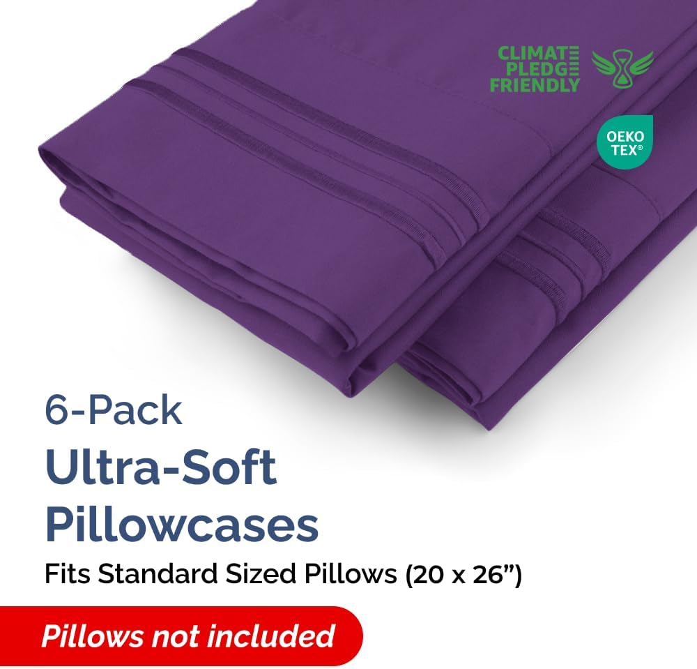 Standard Pillow Cases Set of 6 - Ultra Soft Hotel Quality Pillowcase Covers - Comfy, Cozy & Wrinkle Free - Shrink, Stain and Fade Resistant - Machine Washable Pillow Protectors - 6 Piece Set - Purple