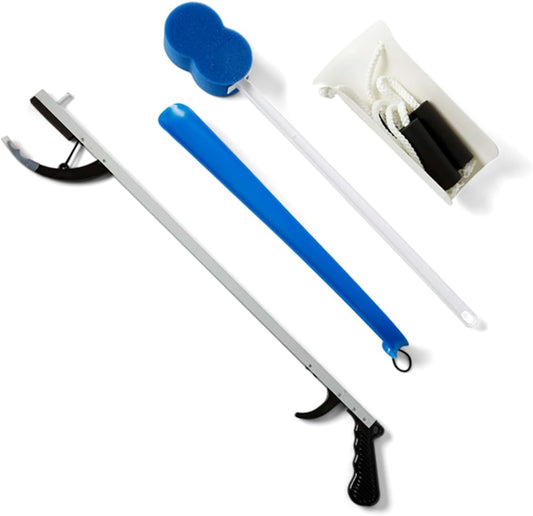 Medline Economy Hip Kit, Mobility Aids Ideal for Hip Surgery Recovery, 4-Pieces, 26" Grabber Reacher, Shoehorn, Sock-Aid, and Contoured Bath Sponge