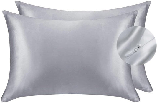 JUWENIN,Luxury Satin Pillowcase with Zipper (Silky Satin Pillow Case for Hair) Set of 2 (King, Silver)