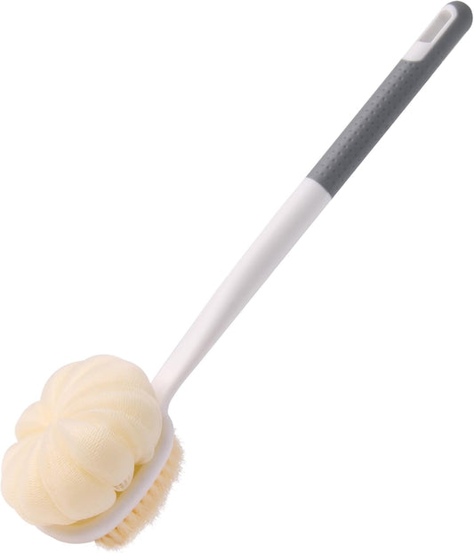 Long Handled Shower Brush for Cleaning Body,Double-Sided Bath Brush for Massage with Bristles and Loofah,Body Brush Exfoliator Mesh Sponge for Women and Men(Gray)