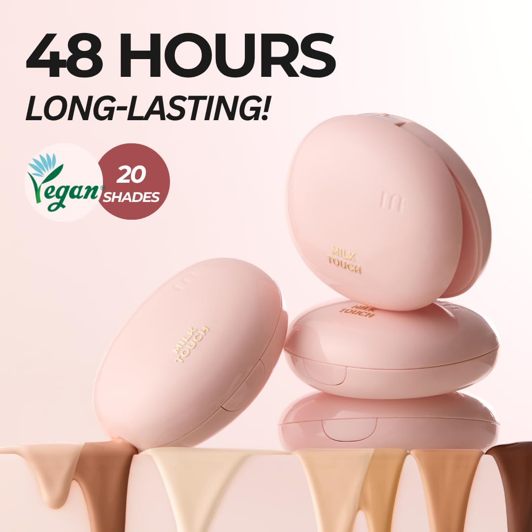 milktouch Cushion Foundation, 24H Flawless Skin, Radiant Shine, No Oxidation, Long-Lasting, Non-Creasing, 60% Hydrating Skincare Infused Korean Foundation, Valentines Gifts (19N Vanilla Ivory)