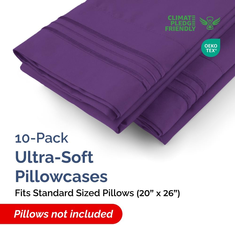 Standard Pillow Cases Set of 10 - Ultra Soft Hotel Quality Pillowcase Covers - Comfy, Cozy & Wrinkle Free - Shrink, Stain and Fade Resistant - Machine Washable Pillow Protectors - 10 Pcs Set - Purple