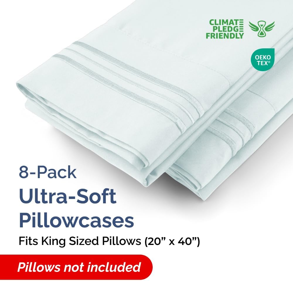 King Pillow Cases Set of 8 - Ultra Soft Hotel Quality Pillowcase Covers - Comfy & Wrinkle Free - Shrink, Stain & Fade Resistant - Easy-Care, Machine Washable Pillow Protectors - 8 Piece Set - Ice Blue