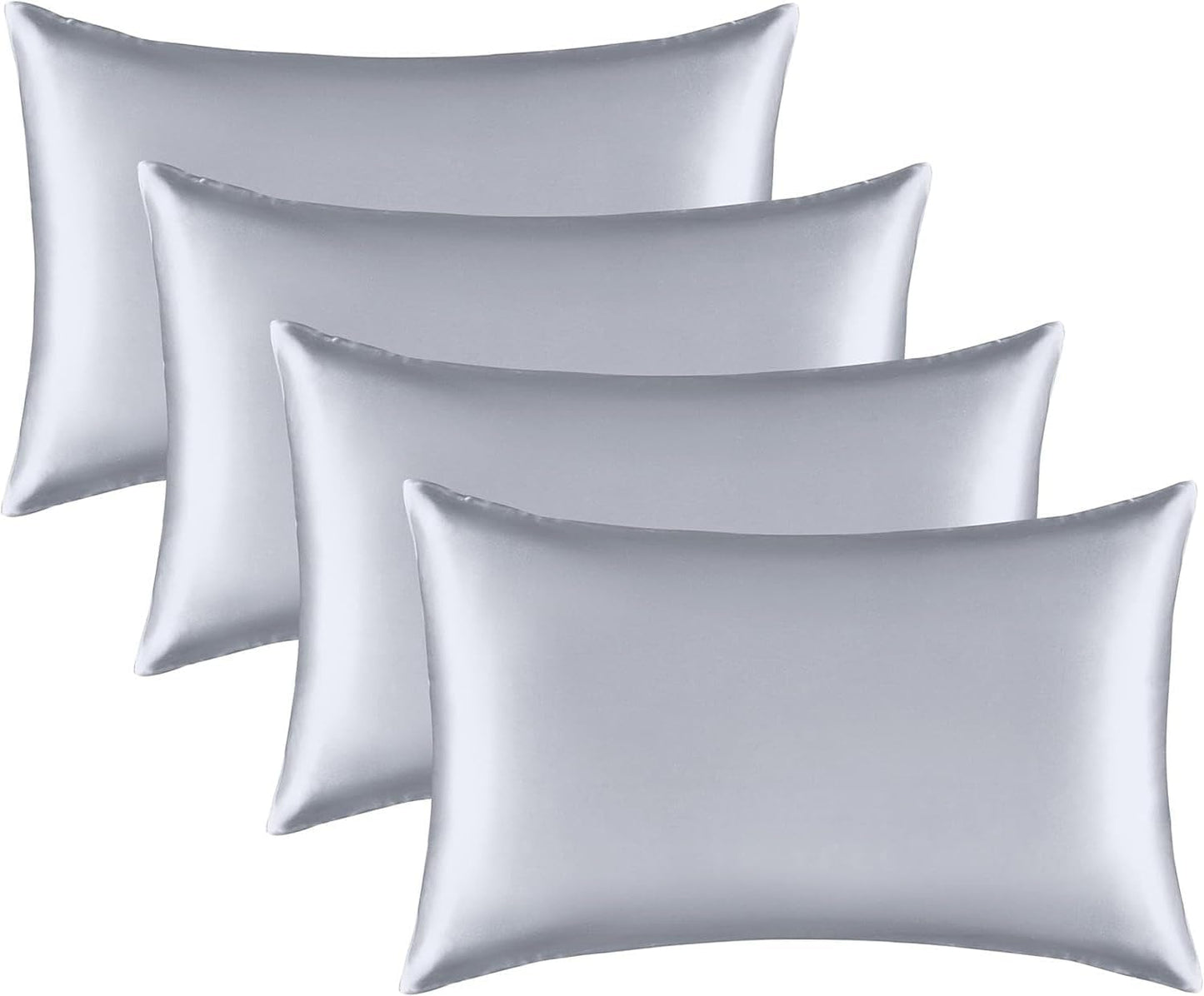 Satin Silk Pillowcase for Hair and Skin, Black Pillow Cases Standard Size Set of 4 Pack Super Soft Pillow Case with Zipper Closure (Silver, King (4 Pack))
