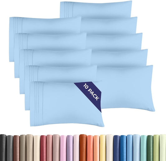 King Pillow Cases Set of 10 - Ultra Soft Hotel Quality Pillowcase Covers - Comfy. Cozy & Wrinkle Free - Shrink, Stain and Fade Resistant - Machine Washable Pillow Protectors - 10 Pcs Set - Light Blue