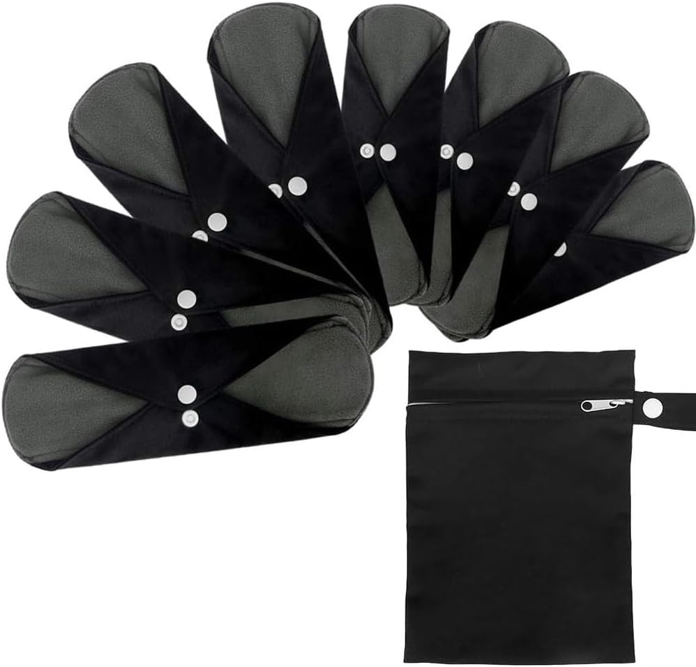 Reusable Bamboo Sanitary Towels Pads, TopDirect 8 Pack Medium & Large (9.06" & 11.02") Heavy Flow Night Pads Washable Cloth Menstrual Pad with Wet Bag for Women