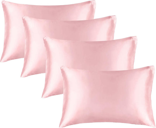 BEDELITE Satin Pillowcase for Hair and Skin, Super Soft Similar to Silk Pillow Cases 4 Pack with Envelope Closure, Cooling Pillowcases for Women Men (20"x26" Standard Size, Pink)