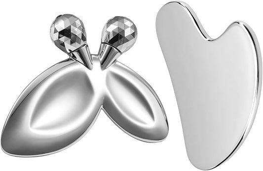 Gua Sha Facial Tools and Face Roller Set, Stainless Steel Facial Sculpting Eyes Roller Guasha for Face, Chin & Jawline Sculpting,Skin Care (Stainless Steel)