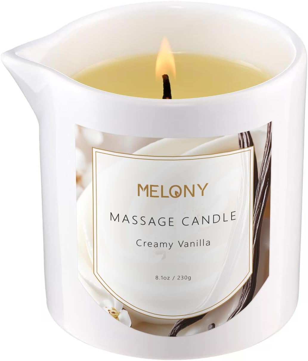 MELONY Luxury Massage Candle - Moisturising, Body Oil Candles for Muscle Relaxation, 8.1OZ (Creamy Vanilla)