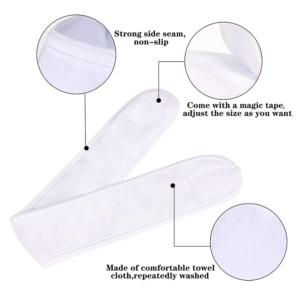 Facial Spa Headbands 4 PCS, Makeup Shower Bath Wrap Sport Headband Terry Cloth Stretch Towel with Magic Tape (White)