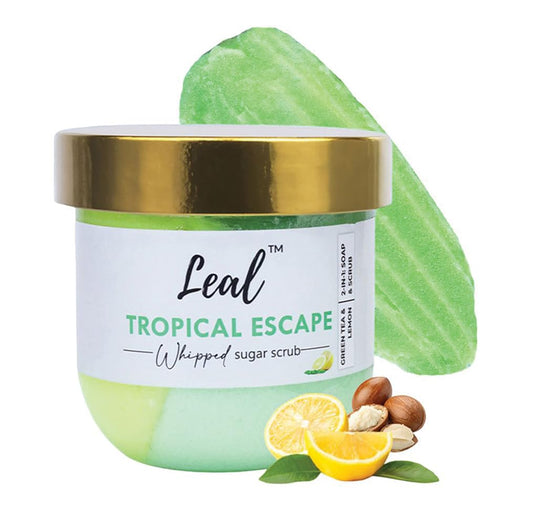 Leal Tropical Exfoliating Body Sugar Scrub, Green Tea Lemon Sugar Face Scrub, Face Polish, Tan Sugar Scrub, Whipped Foaming Vegan Scrub, Sulfate free, Whipped soap scrub dead skin-200 g