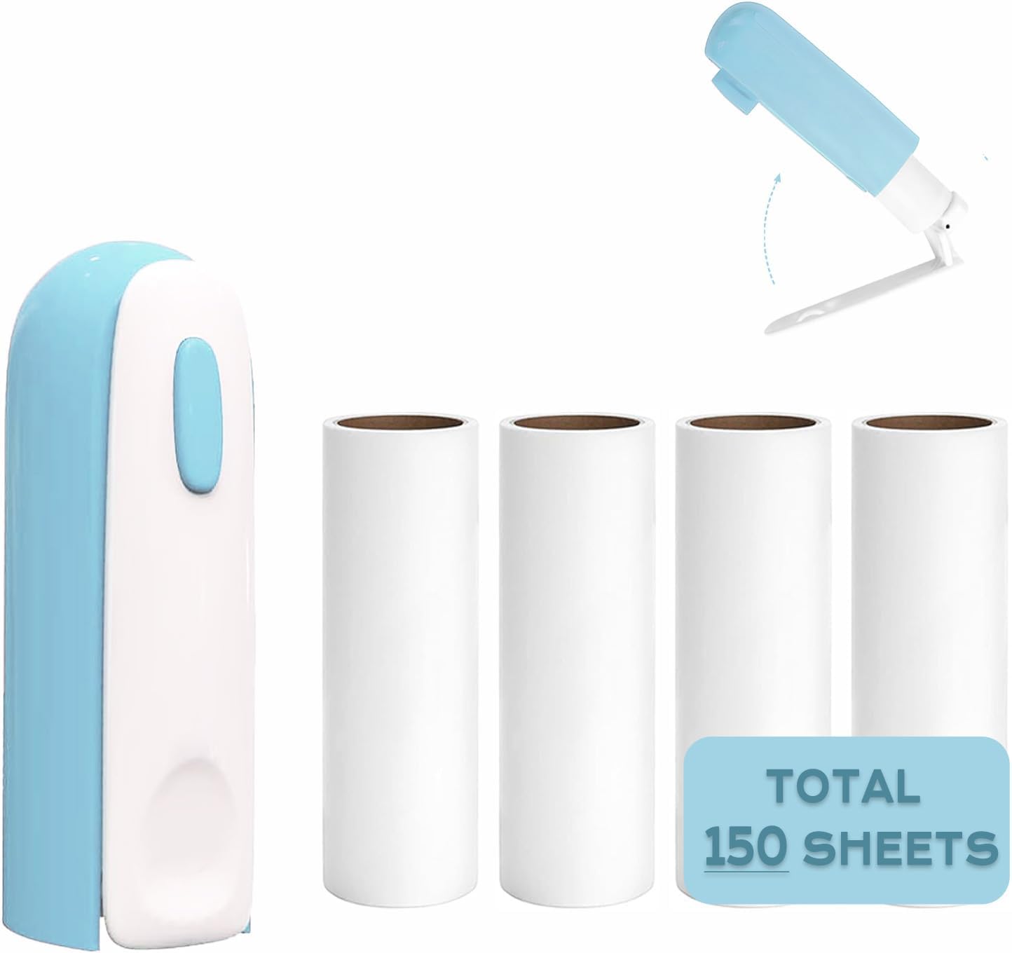 Mini Lint Roller with 150 Sheets, Travel Size Portable Lint Roller Compact Pet Hair Remover with 5 Refills, Sticky Small Lint Remover for Pocket Travel Essentials for Clothes (Blue)