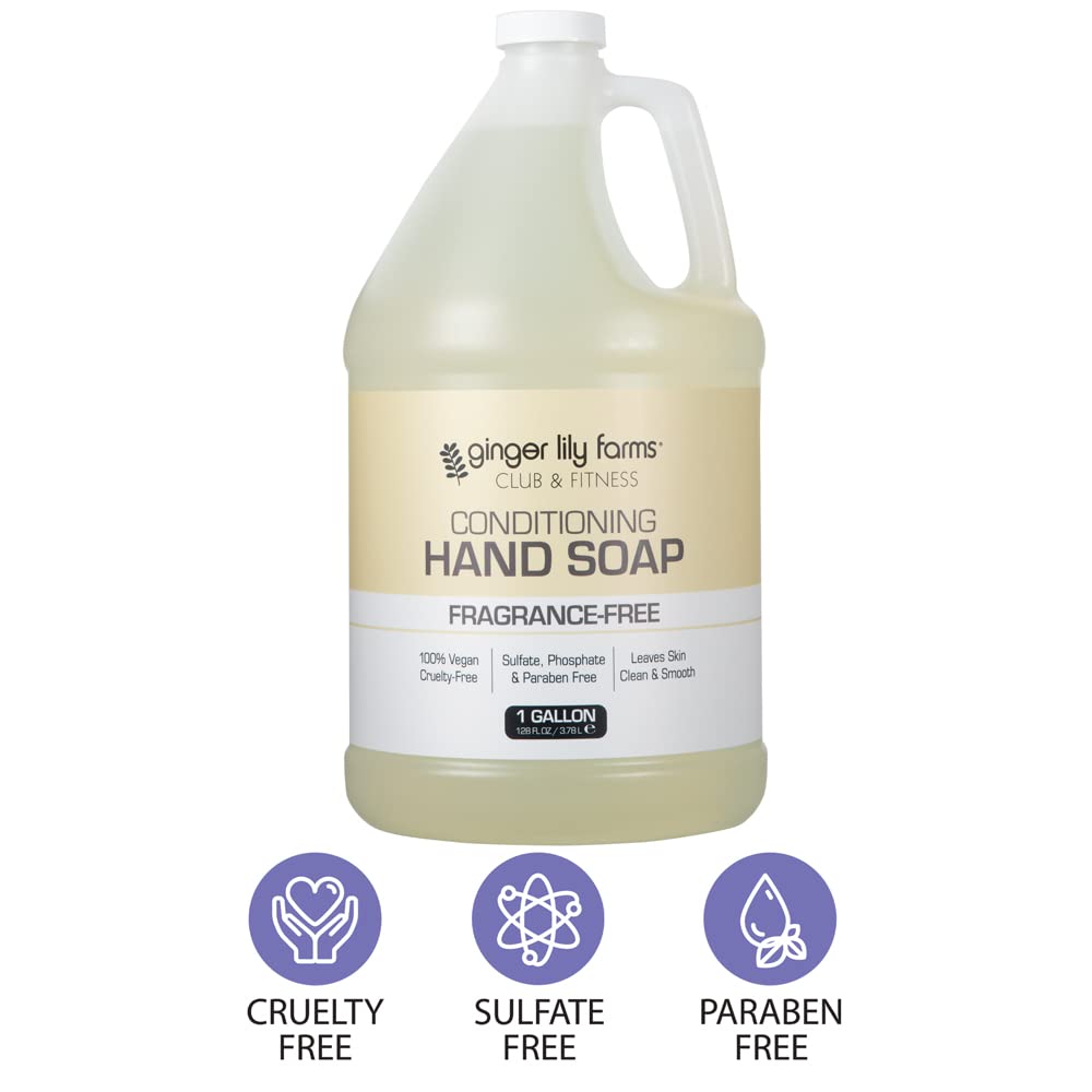 Ginger Lily Farms Club & Fitness Conditioning Liquid Hand Soap Refill, 100% Vegan & Cruelty-Free, Fragrance Free, 1 Gallon (128 fl oz) (Pack of 3)