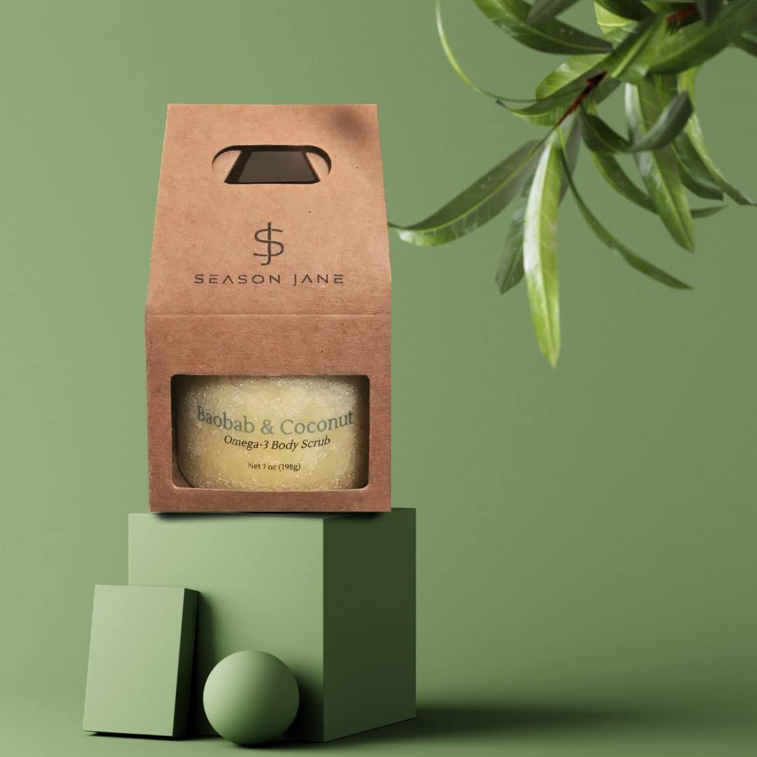 Organic Baobab & Coconut Omega Body Scrub 7oz. Omega rich exfoliator for acne, wrinkles and marks. Vegan, Gluten/Phthalates/Parabens Free. Made in USA.