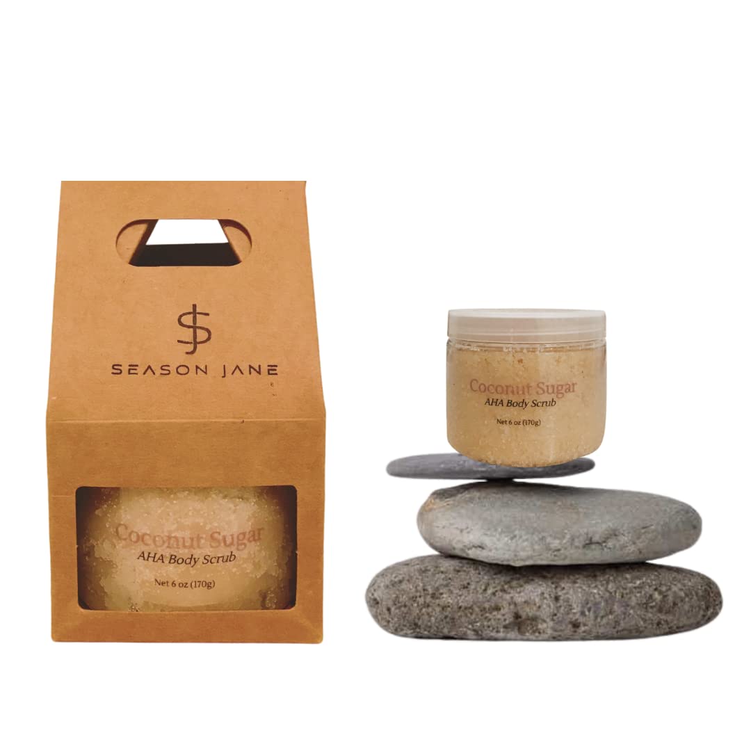 Organic Coconut Sugar AHA Body Scrub 6oz. For Collagen, Acne Prone, and Sensitive Skin. Made in USA. Vegan, Gluten/Phthalates/Parabens Free