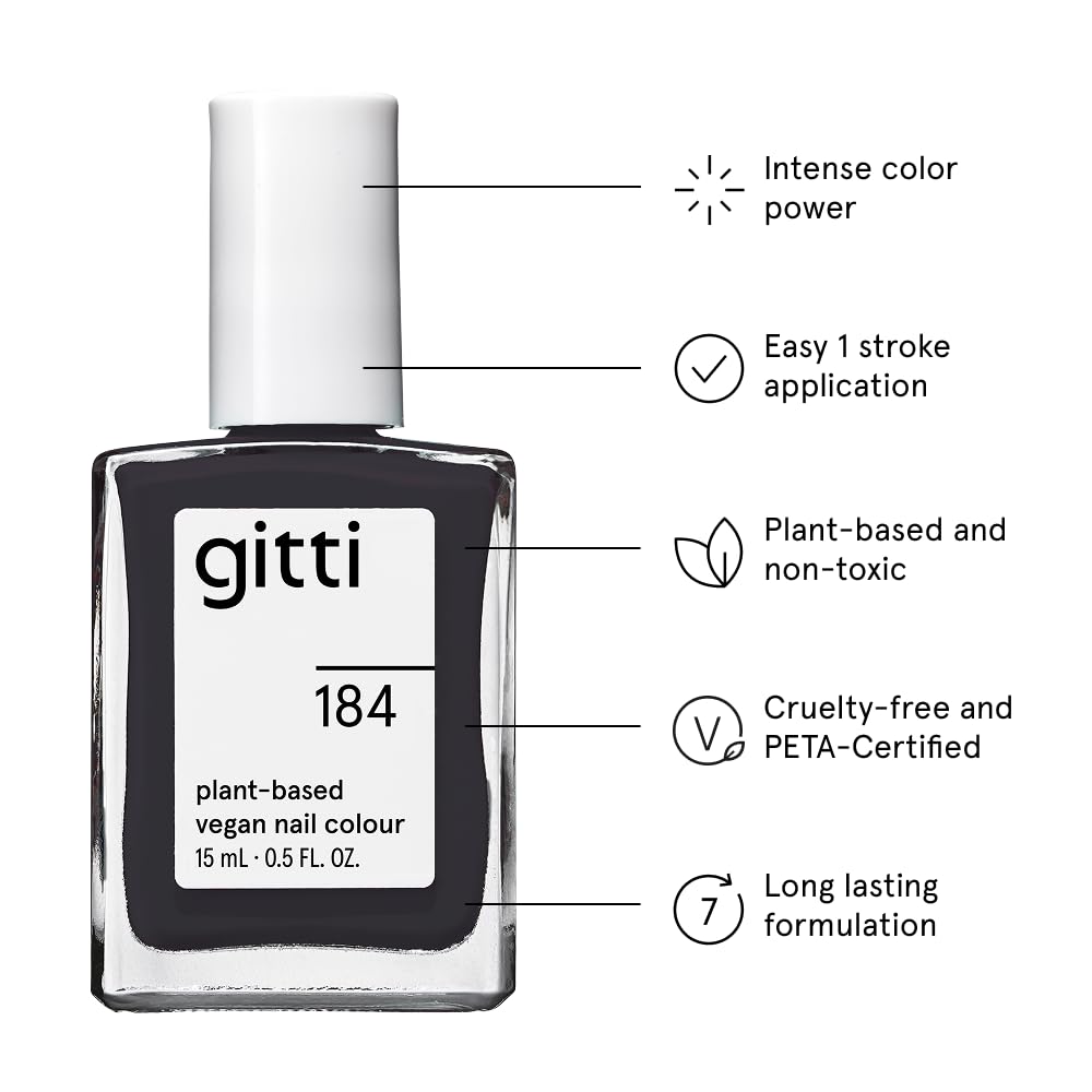 gitti Plant-based Nail Polish I Non-Toxic, 30-Free, Based On Natural Origin Ingredients, Cruelty-Free, Vegan, High Performance Colors, Glossy Finish, Shade no. 184 Midnight Grey (0.5 fl oz)