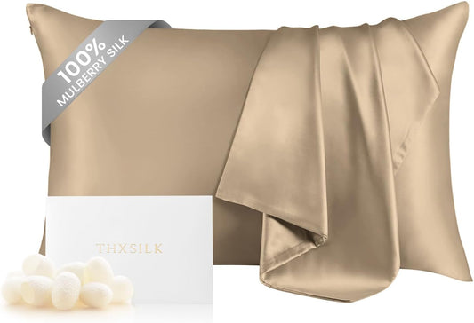 THXSILK 100% Mulberry Silk Pillowcase for Hair and Skin, Grade 6A+ Mulberry Silk Pillow Case Soft and Breathable, Hypoallergenic Pillow Case Cover with Zipper, 1pc (Queen 20"x30", Taupe)