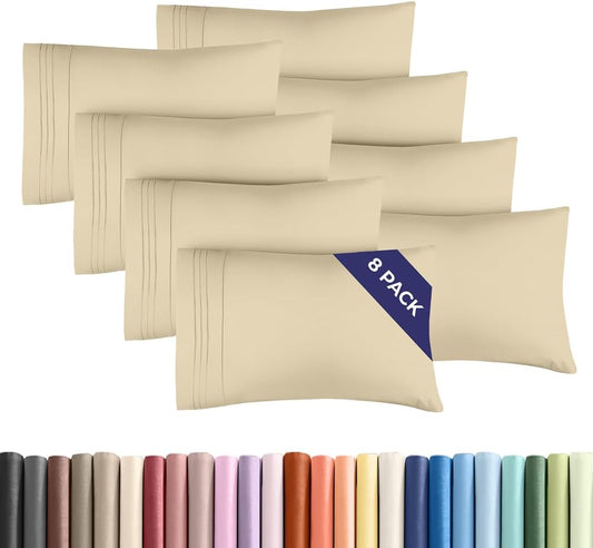 Standard Pillow Cases Set of 8 - Ultra Soft Hotel Quality Pillowcase Covers - Comfy, Cozy & Wrinkle Free - Shrink, Stain and Fade Resistant - Machine Washable Pillow Protectors - 8 Piece Set - Cream