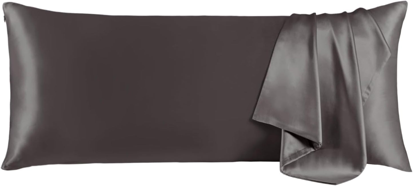 THXSILK Set of 2 100% Mulberry Silk Pillowcase for Hair and Skin, Grade 6A+ Mulberry Silk Pillow Cases Ultra-Soft, Hypoallergenic Pillow Case Cover with Zipper (Body Size 20"x54", Dark Gray)