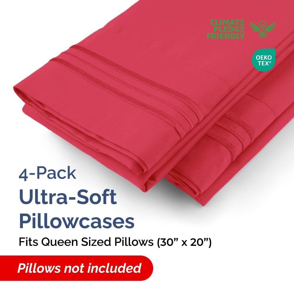 Queen Pillow Cases Set of 4 - Ultra Soft Hotel Quality Pillowcase Covers - Comfy, Cooling & Wrinkle Free - Shrinkage, Stain & Fade Resistant - Machine Washable Pillow Protectors - 4 Piece Set - Red