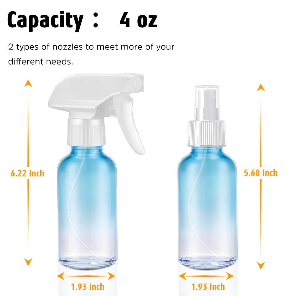 Tecohouse Glass Spray Bottles 4 oz, 2 Pack Spray Bottles for Hair Empty Refillable Fine Mist Sprayer with Labels, Funnel, Pipettes Blue