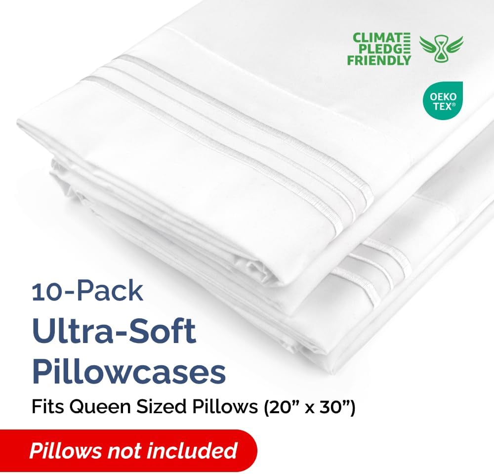 Queen Pillow Cases Set of 10 - Ultra Soft Hotel Quality Pillowcase Covers - Comfy & Wrinkle Free - Shrink, Stain & Fade Resistant - Easy-Care, Machine Washable Pillow Protectors - 10 Pcs Set - White