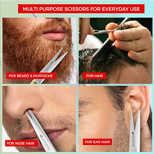 Suvorna Small Scissors for Beard, Mustache, Facial, Nose, Eyebrow & Ear Hair – Tiny Scissors for Cutting, Trimming & Grooming – 5" Stainless Steel Mustache Scissors for Men, Barbers, & Home Use