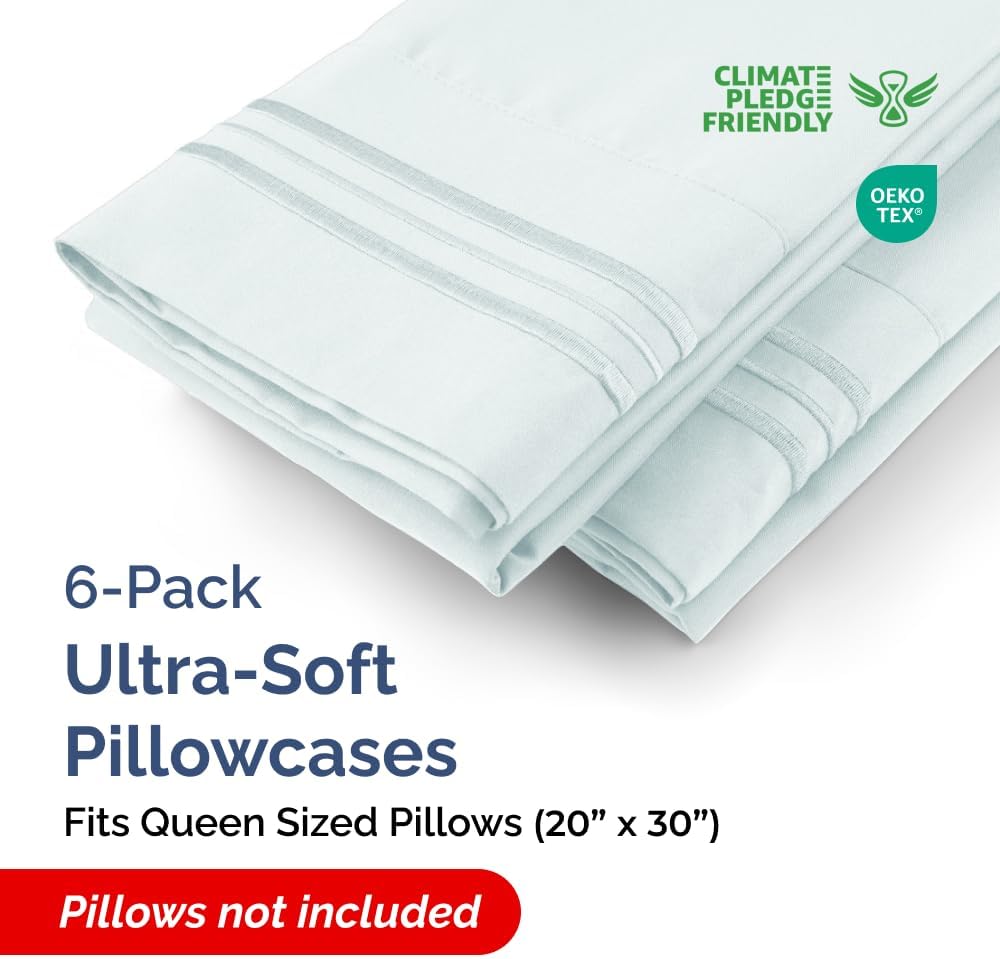 Queen Pillow Cases Set of 6 - Ultra Soft Hotel Quality Pillowcase Covers - Comfy, Cozy & Wrinkle Free - Shrink, Stain and Fade Resistant - Machine Washable Pillow Protectors - 6 Piece Set - Ice Blue