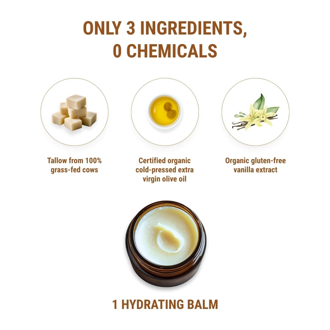 Vintage Tradition Beef Tallow All Purpose Balm - Healing, Hydrating Mild Vanilla Skin Care Salve Replaces Body Lotion, Hand Cream, More - Essential Oil, Olive Oil, and Grass-Fed Tallow, 2 fl. oz.